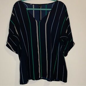 Ann Taylor Striped V-Neck Blouse - Navy and Green Size XL